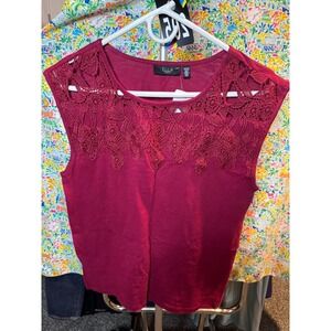 205 Ella Rafaella Burgundy Lace Yoke Sleeveless‎ Cotton Slub Knit Top Small